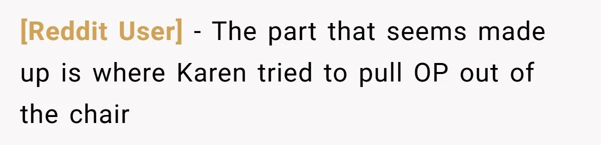 [Reddit User] − The part that seems made up is where Karen tried to pull OP out of the chair