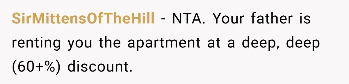 Woman Refuses To Split Rent While Her Dad Tests Whether Her Boyfriend ‘Loves Her Enough’ SirMittensOfTheHill − NTA. Your father is renting you the apartment at a deep, deep (60+%) discount.