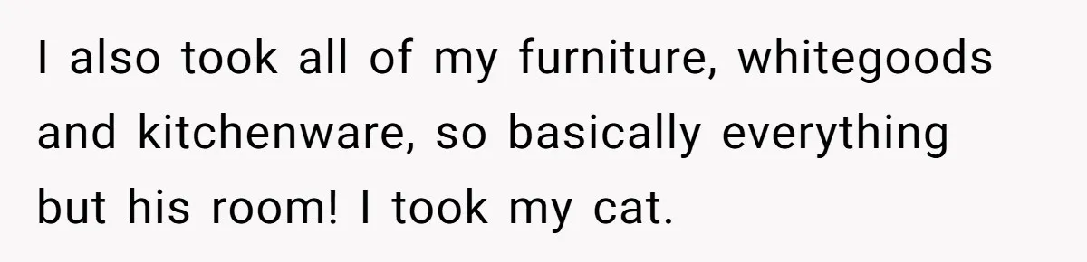 Woman Refuses To Stay After Abuse, But Gets Blamed For Taking What She Owned I also took all of my furniture, whitegoods and kitchenware, so basically everything but his room! I took my cat.