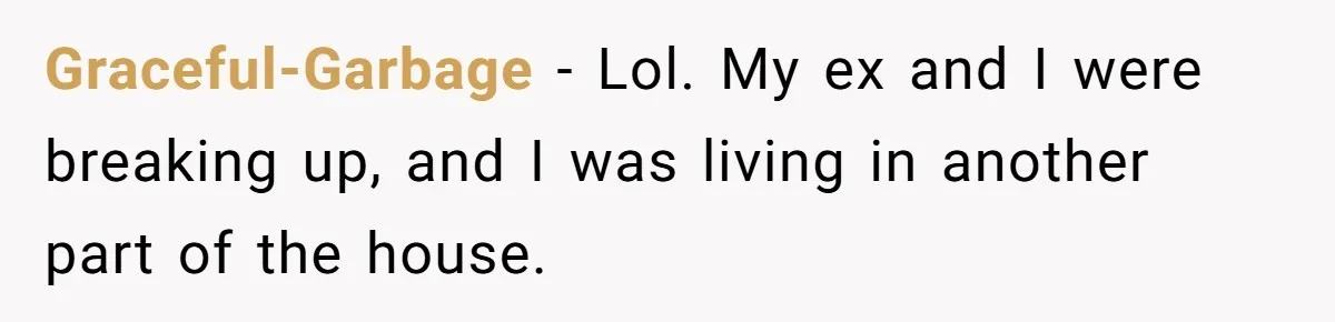 Roommate Ignores His Need For Rest, So He Ruins Her Sleep With Full-Blast Metal Graceful-Garbage − Lol. My ex and I were breaking up, and I was living in another part of the house.