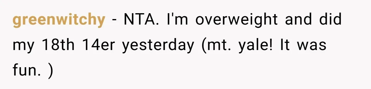 Group Laughs At Training Plan, Then Blames Him When It Falls Apart greenwitchy − NTA. I'm overweight and did my 18th 14er yesterday (mt. yale! It was fun. )