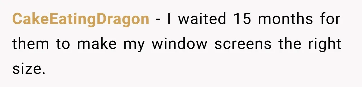 CakeEatingDragon − I waited 15 months for them to make my window screens the right size.