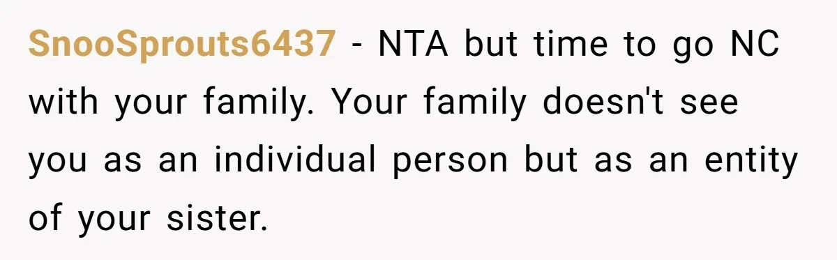 SnooSprouts6437 − NTA but time to go NC with your family. Your family doesn't see you as an individual person but as an entity of your sister.