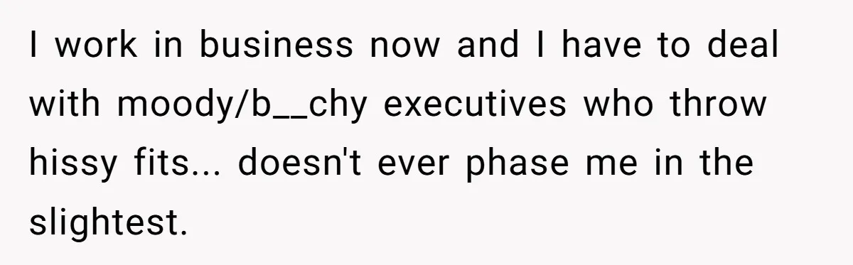 I work in business now and I have to deal with moody/b__chy executives who throw hissy fits... doesn't ever phase me in the slightest.