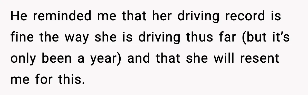 Mom Takes Driving Privileges After Daughter Refuses to Stop Using Two Feet He reminded me that her driving record is fine the way she is driving thus far (but it’s only been a year) and that she will resent me for this.