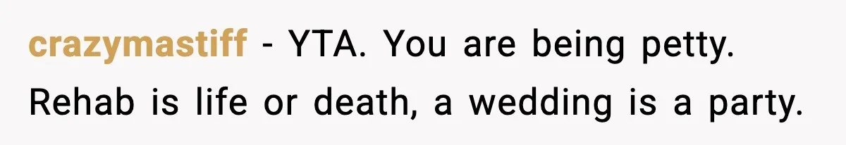 Jealousy or “Protection”? One Email About Sister’s Past Triggers a Family Meltdown crazymastiff - YTA. You are being petty. Rehab is life or death, a wedding is a party.