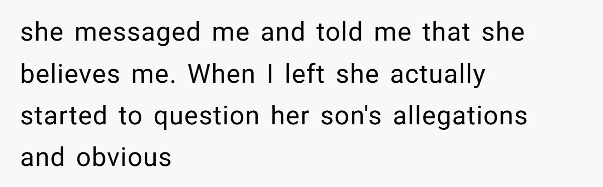 she messaged me and told me that she believes me. When I left she actually started to question her son's allegations and obvious