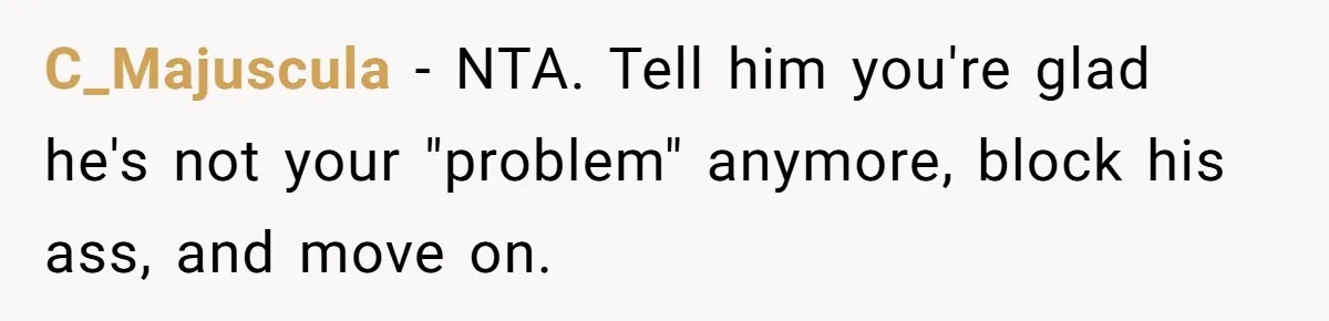 C_Majuscula − NTA. Tell him you're glad he's not your "problem" anymore, block his ass, and move on.