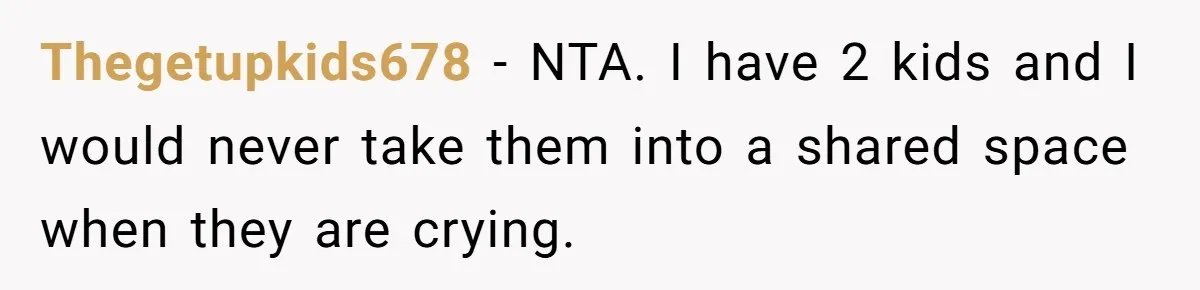 Thegetupkids678 − NTA. I have 2 kids and I would never take them into a shared space when they are crying.