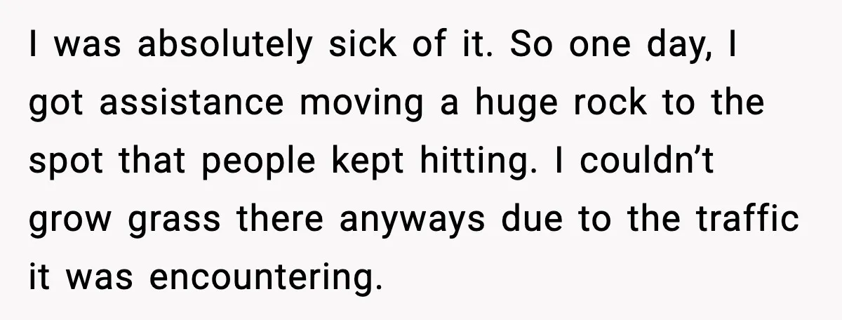 I was absolutely sick of it. So one day, I got assistance moving a huge rock to the spot that people kept hitting. I couldn’t grow grass there anyways due...