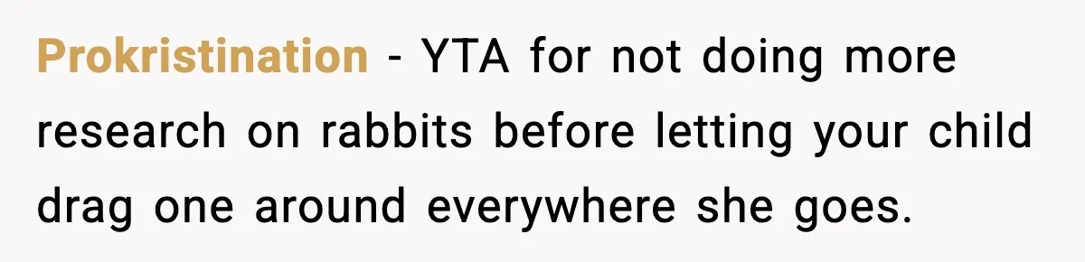 Prokristination - YTA for not doing more research on rabbits before letting your child drag one around everywhere she goes.