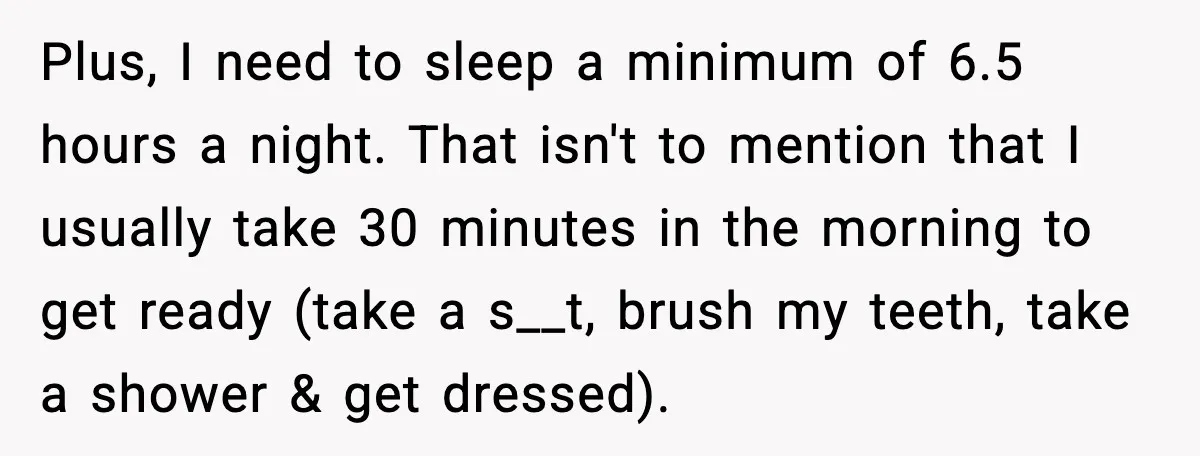 Husband Works 80-Hour Weeks, Wife Refuses Dinner, Marriage Turns Ice Cold Plus, I need to sleep a minimum of 6.5 hours a night. That isn't to mention that I usually take 30 minutes in the morning to get ready (take a...