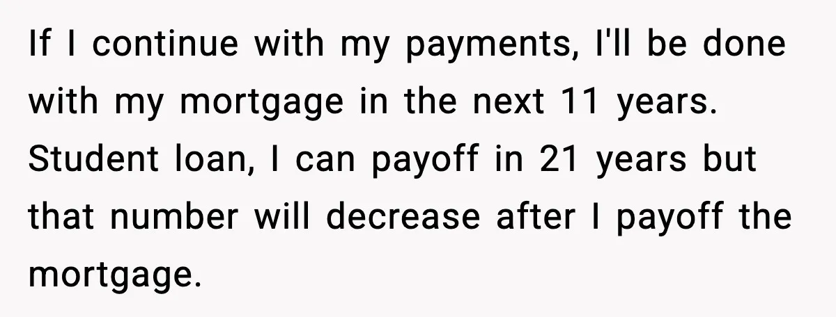 Husband Works 80-Hour Weeks, Wife Refuses Dinner, Marriage Turns Ice Cold If I continue with my payments, I'll be done with my mortgage in the next 11 years. Student loan, I can payoff in 21 years but that number will decrease...