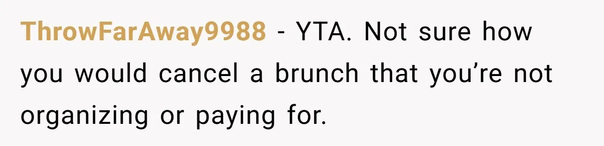 Future MIL Offers To Pay For Wedding Brunch, Then Refuses To Respect The Couple’s Diet ThrowFarAway9988 − YTA. Not sure how you would cancel a brunch that you’re not organizing or paying for.