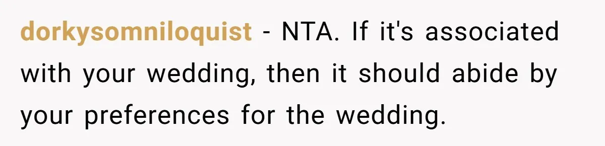 Future MIL Offers To Pay For Wedding Brunch, Then Refuses To Respect The Couple’s Diet dorkysomniloquist − NTA. If it's associated with your wedding, then it should abide by your preferences for the wedding.