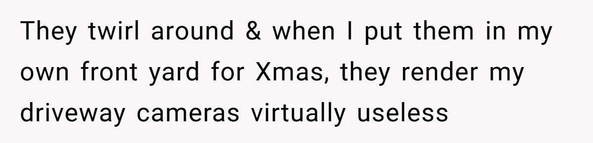 They twirl around & when I put them in my own front yard for Xmas, they render my driveway cameras virtually useless