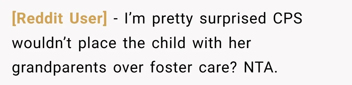 [Reddit User] − I’m pretty surprised CPS wouldn’t place the child with her grandparents over foster care? NTA.