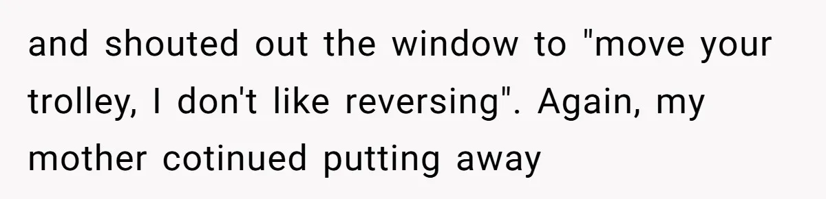 and shouted out the window to "move your trolley, I don't like reversing". Again, my mother cotinued putting away