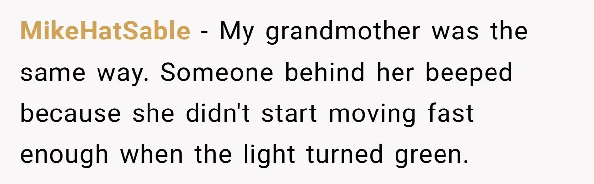 MikeHatSable − My grandmother was the same way. Someone behind her beeped because she didn't start moving fast enough when the light turned green.