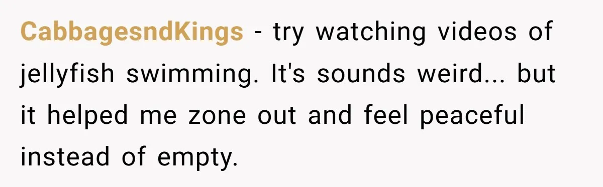 CabbagesndKings − try watching videos of jellyfish swimming. It's sounds weird... but it helped me zone out and feel peaceful instead of empty.