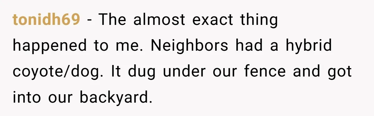 Country Neighbors Dismissed A Dead Dog, Then Got A Front-Row Seat To Revenge tonidh69 − The almost exact thing happened to me. Neighbors had a hybrid coyote/dog. It dug under our fence and got into our backyard.