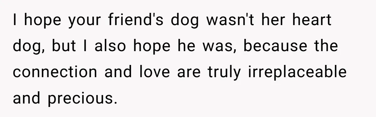 Country Neighbors Dismissed A Dead Dog, Then Got A Front-Row Seat To Revenge I hope your friend's dog wasn't her heart dog, but I also hope he was, because the connection and love are truly irreplaceable and precious.