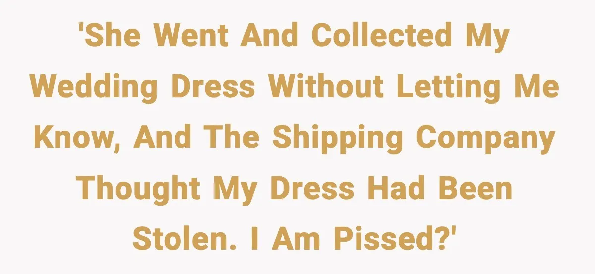 'She went and collected my wedding dress without letting me know, and the shipping company thought my dress had been stolen. I am PISSED?'